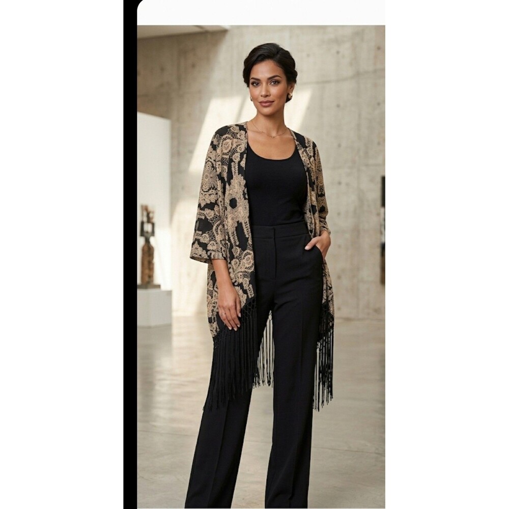 Sage Black Beige Paisley Print Layering Wrap  Tasseled Hem Kimono Bohemian O/S